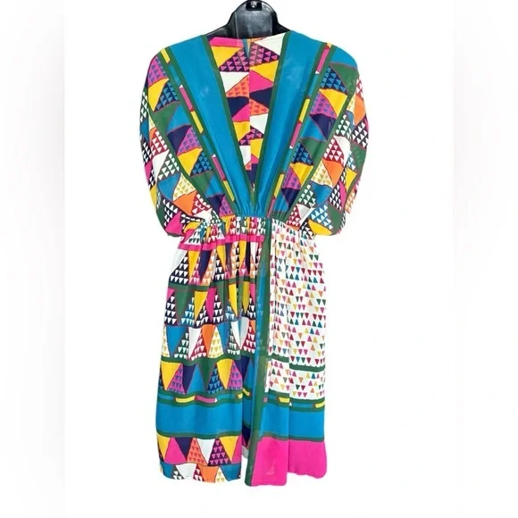 Maeve Anthropologie Semi Sheer Geometric Dress sz 4 V-Neck Cinch Shoulders Blue - Picture 10 of 11